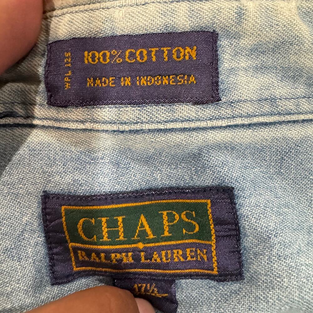 Vintage Chaps Ralph Lauren Men's 17.5 34/35 Blue Denim Chambray Button Shirt GUC - Picture 4 of 8